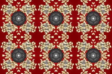 Damask arkaplanı tekerrür ediyor. Altın element kırmızı, bej ve gri renklerde. Antika altın tekrarlanabilir duvar kağıdı. Barok tarzında altın çiçek süsü..