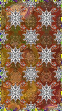 Düz Çiçek Elementleri Tasarımı. Çiçeksiz desenli arka plan, yaz çiçekleri. Renkli Bahar Temalı Kusursuz Arkaplan. Kahverengi ve gri renkte çiçekler.