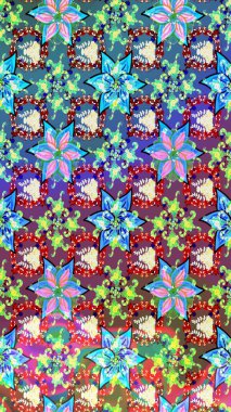 Raster düz çiçek çizim deseni. Hediye ambalaj kağıdı, tebrik kartları, posterler ve pankart tasarımı. Mavi ve nötr renkte çiçekler.