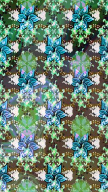 Çiçek yeşili ve mavi çizim deseni. Raster çiçek izi. Klasik taslak çizimi.