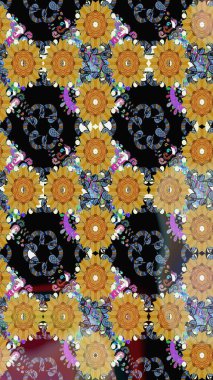 Raster illüstrasyonundaki çiçek desenli çizim. Siyah renklerde. Güzel kumaş deseni. Raster illüstrasyonu.