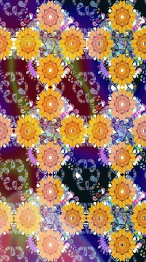 Sarı renklere karalamalar çizilmiş çiçek deseni. Raster illüstrasyonu.