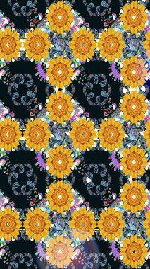 Sarı renkli etnik çiçekli zarif eskiz deseni. Asya Tekstil 'inde Raster Çiçek İllüstrasyonu.