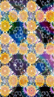 Sevimli çiçek raster deseni. Modaya uygun kumaş deseni. Renkli Yaz Temalı eskiz kalıbı. Düz Çiçek Elementleri Tasarımı.