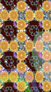 Parlak renkli çiçekleri ve kahverengi renkli yaprakları olan harika bir çiçek deseni. Moda baskıları için zarif bir şablon. Modern çiçek arkaplanı. Halk stili.