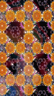 Raster illüstrasyonundaki çiçek desenli çizim. Turuncu renkli çiçekler. Renkli Bahar Teması eskiz kalıbı. Düz Çiçek Elementleri Tasarımı.