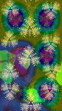 Eskiz geçmişi. Kumaş, tekstil, duvar kağıdı baskısı için. Eski usul. Renkli desenli eskiz deseni, yeşil ve mavi çiçekler ve dekoratif elementler. Raster illüstrasyonu.