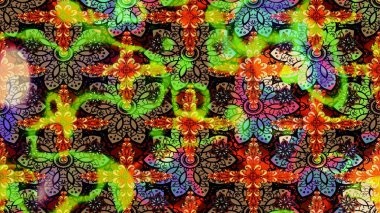 Nakış desenli çiçek deseni. Renkli grunge, soyut arkaplanı kolosiyah çiçeklerle süslüyor. İzler, kumaş, duvar kağıtları, tekstil için raster dokusu.