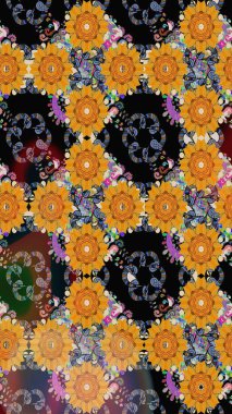 Çiçek desenli çizim. Raster illüstrasyonu. Sarı renkli Asya tekstili.