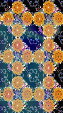 3D çiçekler, eskiz. Raster illüstrasyonu. Mavi renklerde.