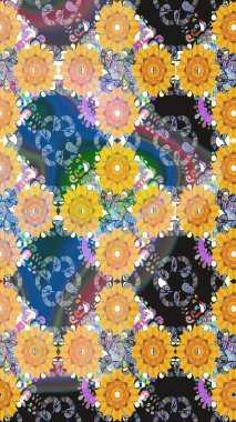 Parlak renkli çiçekli ve sarı yapraklı harika bir çiçek deseni. Moda baskıları için zarif bir şablon. Modern çiçek arkaplanı. Halk stili.