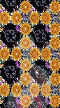 Çiçekli siyah eskiz deseni. Raster çiçek izi. Klasik taslak çizimi. Raster Yumuşak kumaş deseni.