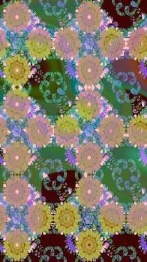 Varicologreen Raster çizimi. Bir sürü yeşil ve soyut çiçekli tropik eskiz deseni. Küçük çiçekte sevimli çiçek deseni var..