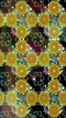 Soyut etnik raster çizim kalıbı. Kabile sanatı boho baskısı, klasik çiçek arkaplanı. Arkaplan dokusu, duvar kağıdı, sarı renkli çiçek teması.