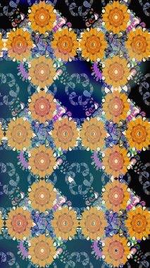 3D çiçekler, eskiz. Raster illüstrasyonu. Mavi renklerde.