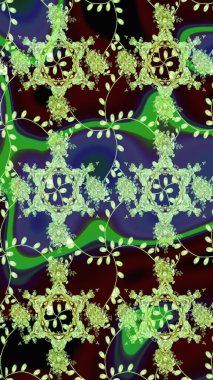 Nakış desenli çiçek deseni. Renkli grunge soyut arkaplanı koloyeşil çiçeklerle süslüyor. İzler, kumaş, duvar kağıtları, tekstil için raster dokusu.