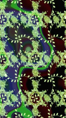 Yeşil renkli bitkilerden oluşan parlak çiçekli çizim deseni.