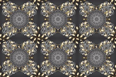 Damask arkaplanı tekerrür ediyor. Antika altın tekrarlanabilir duvar kağıdı. Gri, bej ve kahverengi renklerde altın element. Barok tarzında altın çiçek süsü..