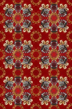 Kırmızı, kahverengi ve gri renklerde, altın çiçekli altın desenler. Senin tasarımın için, duvar kağıdı. Raster geometrik arka plan. Altın rengi kusursuz illüstrasyon.