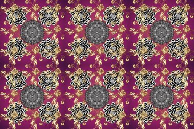 Seamless oriental ornament in the style of baroque. Raster oriental ornament. Traditional classic golden pattern. Golden pattern on purple, gray and beige colors with golden elements.