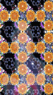 Varicoloblack Raster çizimi. Bir sürü siyah ve soyut çiçekli tropik eskiz deseni. Küçük çiçekte sevimli çiçek deseni var..