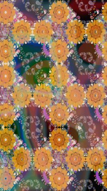 Varicoloorange Raster çizimi. Birçok turuncu çiçekli tropikal eskiz deseni. Küçük çiçekte sevimli çiçek deseni var..