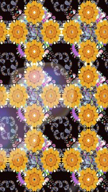 Raster illüstrasyonundaki çiçek desenli çizim. Sarı renkli çiçekler. Renkli Bahar Teması eskiz kalıbı. Düz Çiçek Elementleri Tasarımı.