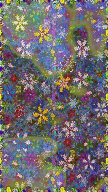 Çiçeksel elementlerle süslenmiş zarif raster dokusu. Küçük çiçekte hoş bir çiçek deseni var. Yeşil renkler ve parlak çiçekler üzerinde soyut, pürüzsüz desen.