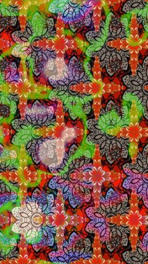 Şirin çiçekli eskiz deseni ve yeşil renkli yapraklar, suluboya çiçek deseni, duvar kağıdı, kart veya kumaş için fayanslı. Raster illüstrasyonu.