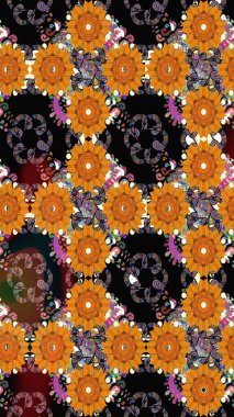 Çiçek desenli çizim. Raster illüstrasyonu. Turuncu renkli Asya tekstili.