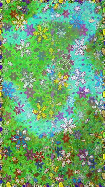 Arkaplan dokusu, duvar kağıdı, yeşil ve mavi renkli çiçek teması. Kabile sanatı boho baskısı, klasik çiçek arkaplanı. Soyut etnik raster pürüzsüz desen.