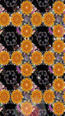 Raster illüstrasyonundaki çiçek desenli çizim. Siyah renklerde. Güzel kumaş deseni. Raster illüstrasyonu.