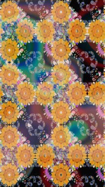 Çiçek desenli çizim. Raster illüstrasyonu. Sarı renkli Asya tekstili.