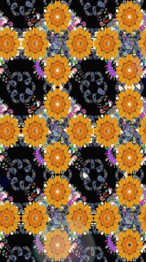 Çiçekler. Soyut etnik raster çizim kalıbı. Vadinin çiçekleri siyah renklerde.