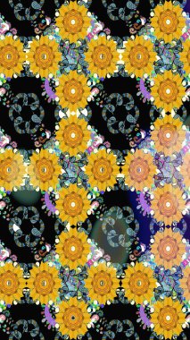 Çiçekli eskiz çizimi. Sarı renkli çiçekler. Renkli Yaz Temalı eskiz kalıbı. Düz Çiçek Elementleri Tasarımı.