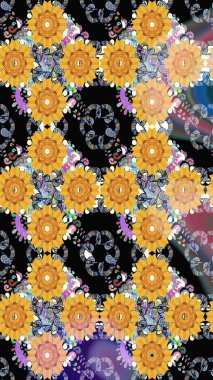 Elle çizilmiş çiçek desenli Raster çizimi. Tekstil, kumaş, ambalaj, hatıra defteri için hoş bir çiçek arkaplanı. Çocuksu tasarım. Sarı arkaplanda.