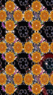 El çizimi çiçek çizimi deseni (fayans). Şirin çiçekli, desenli, siyah renkli renkli bir eskiz. Tekstil için suluboya çizim deseni.