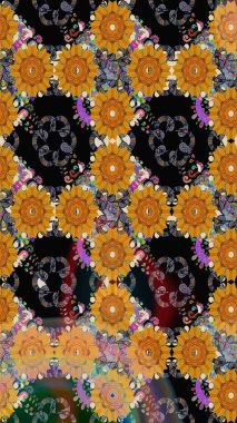 Parlak çiçekli kolaj çiçekleri siyaha boyanmış. Çiçekli zambakların eskiz geçmişi. Çiçek tasarımı için inanılmaz kolaj cennet tarzı..