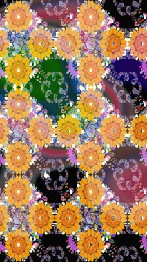 Suluboya çiçekli çiçek deseni. Raster illüstrasyonu. Sarı renkli Asya tekstili.