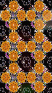 Şirin çiçekli eskiz deseni ve siyah renkli yapraklar, suluboya çiçek deseni, duvar kağıdı, kart veya kumaş için fayanslı. Raster illüstrasyonu.