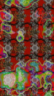 Çiçek çelengi. Desen, çizim, çiçek sınırı. Kıvırcık, parlak örgü. Raster illüstrasyonu. Güzel, parlak, pürüzsüz kumaş, tuval. Klasik eski arkaplan.