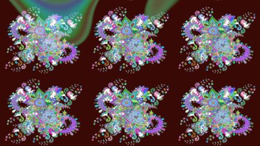 Raster Floral Illustration, Asyalı tekstil. Kahverengi renkli etnik çiçeklerle zarif bir eskiz deseni..