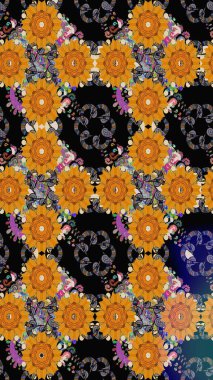 Çiçekli eskiz çizimi. Siyah renkli çiçekler. Renkli Yaz Temalı eskiz kalıbı. Düz Çiçek Elementleri Tasarımı.