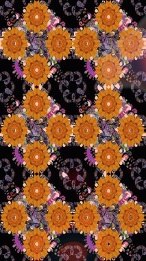 Renkli çiçekleri ve turuncu yaprakları olan harika bir çiçek deseni. Moda baskıları için zarif bir şablon. Modern çiçek arkaplanı. Halk stili.