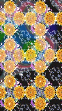 Sarı renklere karalamalar çizilmiş çiçek deseni. Raster illüstrasyonu.