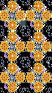 Sevimli çiçek raster deseni. Siyah renkli çiçekler. Renkli Yaz Temalı eskiz kalıbı. Düz Çiçek Elementleri Tasarımı.