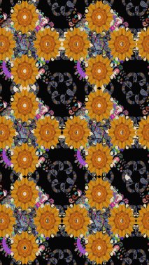 Şirin çiçekli eskiz deseni ve siyah renkli yapraklar, suluboya çiçek deseni, duvar kağıdı, kart veya kumaş için fayanslı. Raster illüstrasyonu.