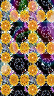 Çok renkli, zarif küçük çiçekler ve sarı renkli komik böcekler, raster desen, illüstrasyon..