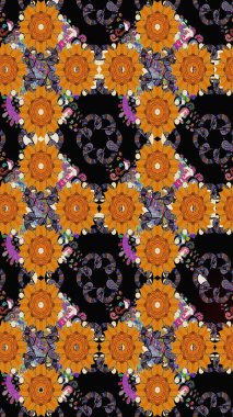 Suluboya çiçekli çiçek deseni. Raster illüstrasyonu. Siyah renklerde Asya tekstili.