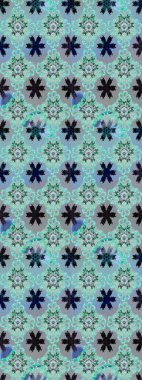 Raster illüstrasyonu. Çiçek desenli çizim. Mavi ve gri renkte çiçekler. Raster illüstrasyonu. Asya tekstil tarzında.